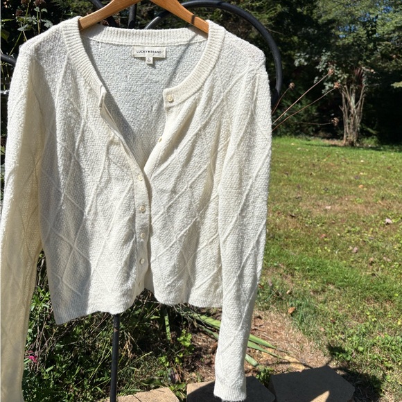 Lucky Brand Cream knit pointelle sweater Button-Up Cardigan size large - Picture 4 of 5